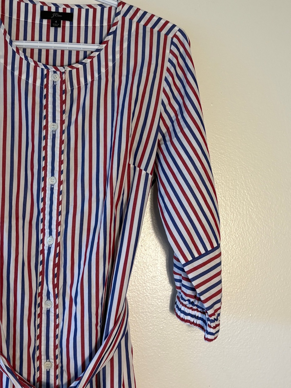 J. Crew Striped Tie Waist Cotton Shirt Midi Dress Size 4 Blue Red White Casual - Picture 5 of 11